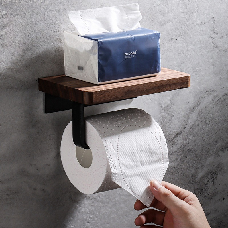 Home Bathroom Paper Towel Dispenser - Solid Wood Tissue Holder No Drill