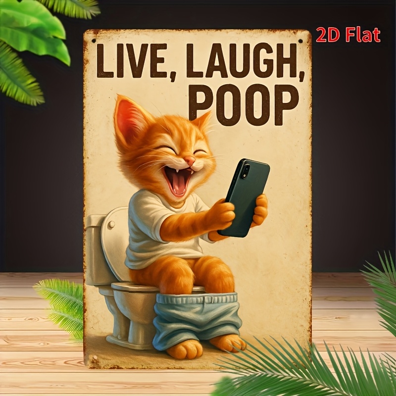 Funny Cat on Toilet Metal Wall - Home Design Bathroom 评论和价格