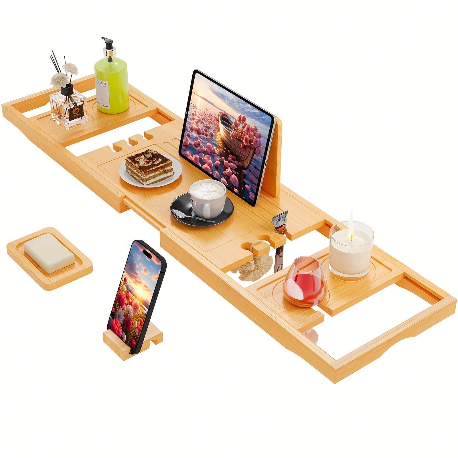Bamboo Bathtub Caddy Tray, Ext - Bath Caddy Tray 评论和价格
