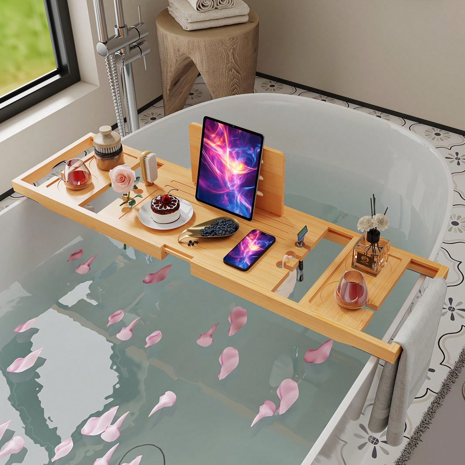 Bamboo Bathtub Caddy Tray, Ext - Bath Caddy Tray 评论和价格