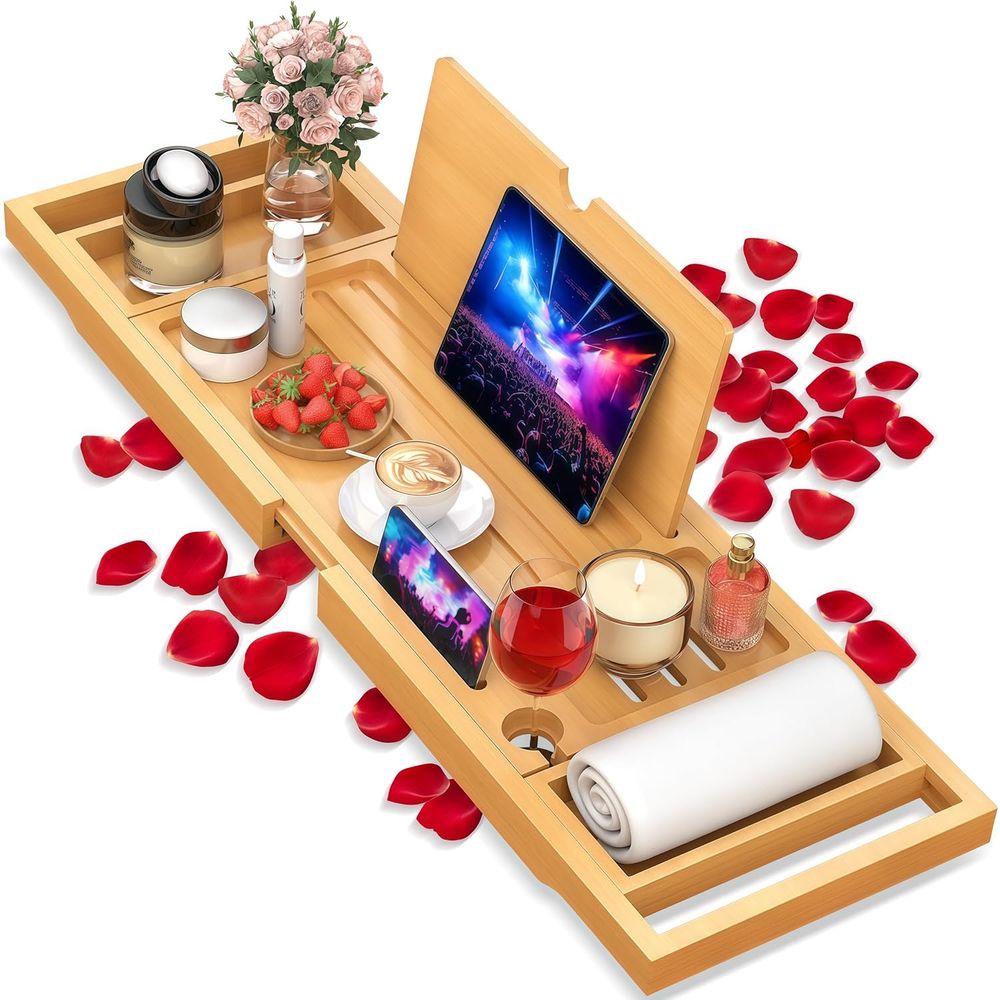 Elegant Bamboo Bath Caddy with - Bath Caddy Tray 评论和价格