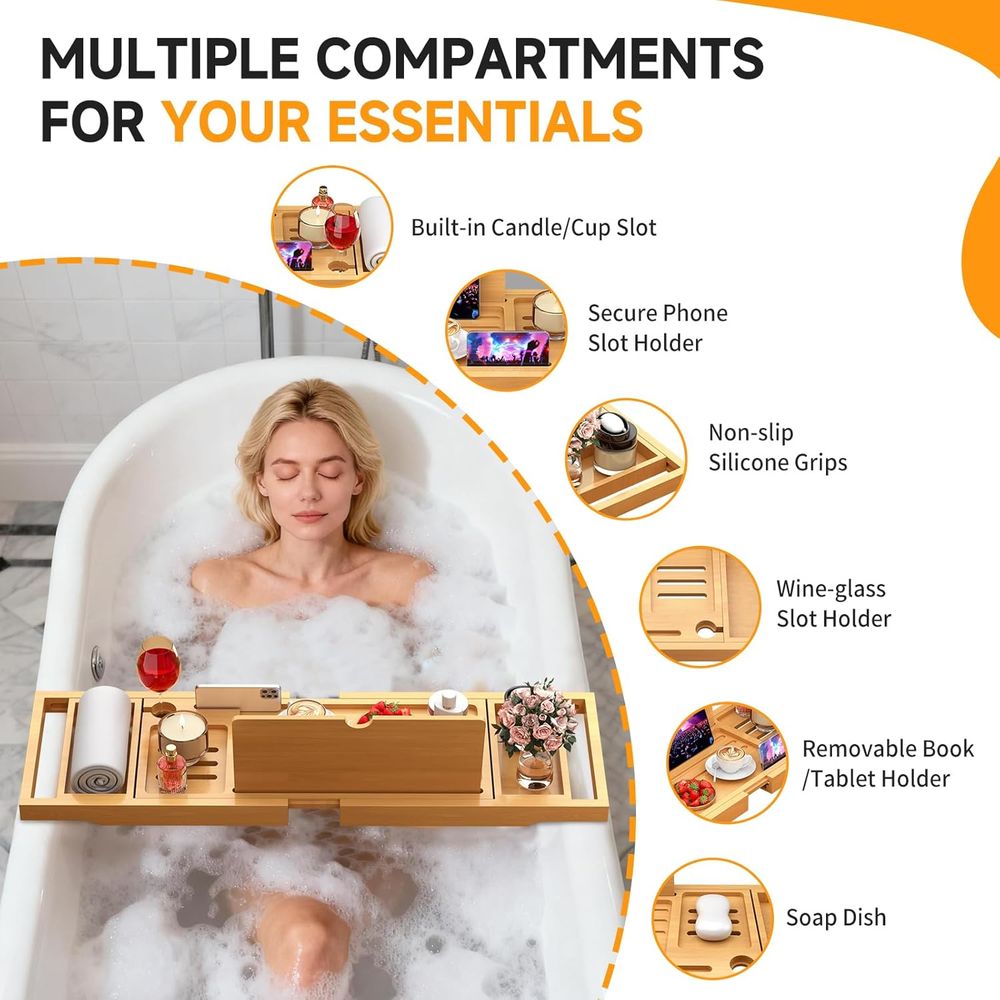 Elegant Bamboo Bath Caddy with - Bath Caddy Tray 评论和价格